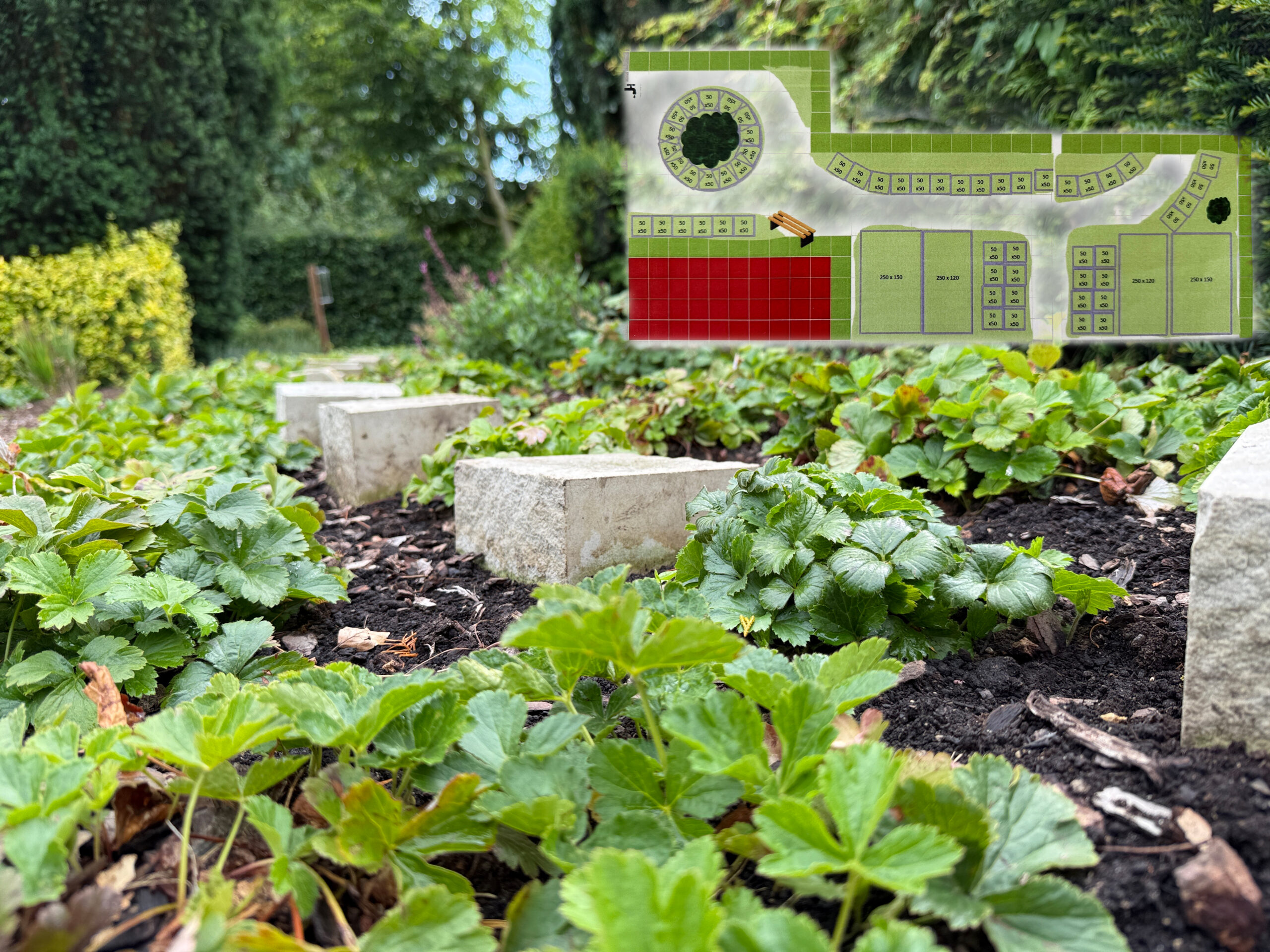 Grabstättenplan der Ruhegemeinschaft Kapellengarten mit eingezeichneten Grabstellen sowie ein Teil der Anlage mit Grabsteinen im Vordergrund auf dem Friedhof Garbsen-Horst.