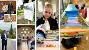 Tag des offenen Friedhofs in Garbsen-Horst: Messestand von Henschel Bestattungen mit bemaltem Künstlersarg und Künstlerurne