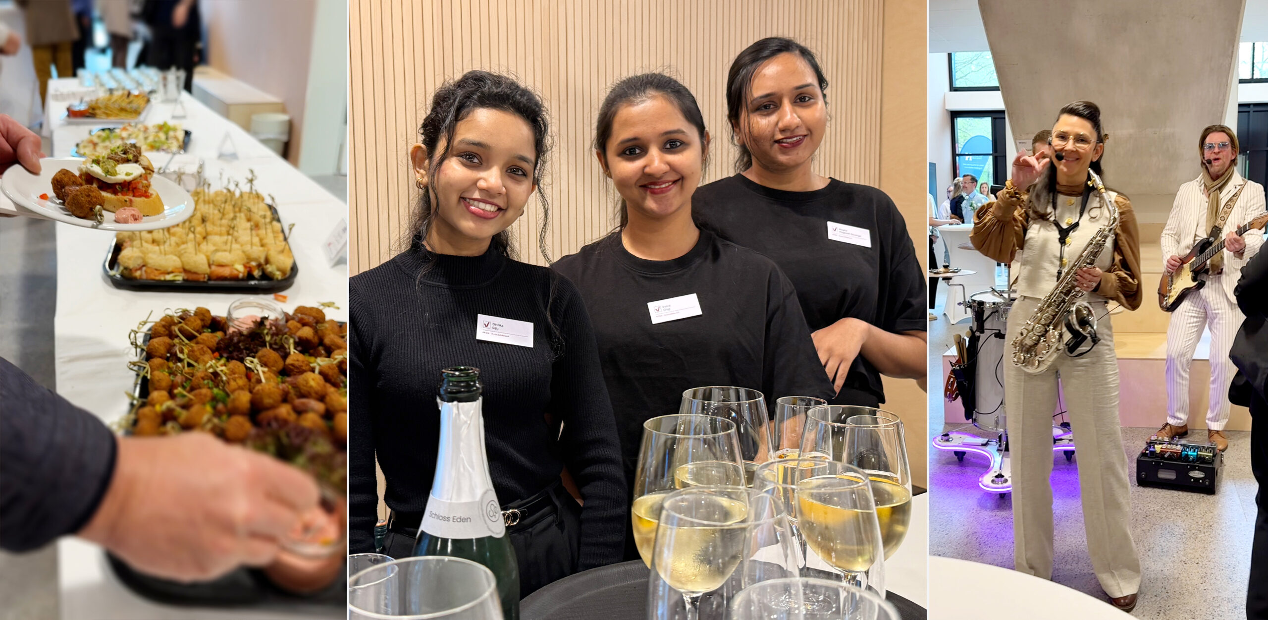 Catering im Foyer mit Fingerfood von Rocky Lobster Catering aus Hannover, begleitet von Live-Musik der Band Mr Moonlight; Mitarbeitende und Auszubildende der Pflegefachschule servieren durchgehend kalte Getränke und betreuen die Gäste.