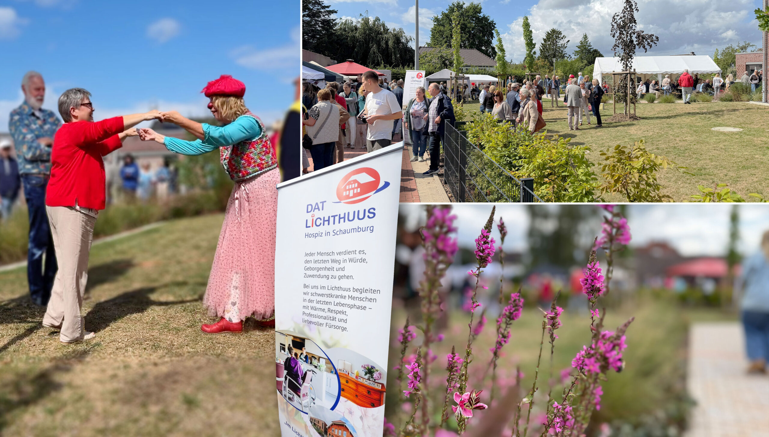 Erstes Sommerfest des Hospizes Dat Lichthuus in Stadthagen mit Gästen und Begegnungen vor dem Hospizgebäude.